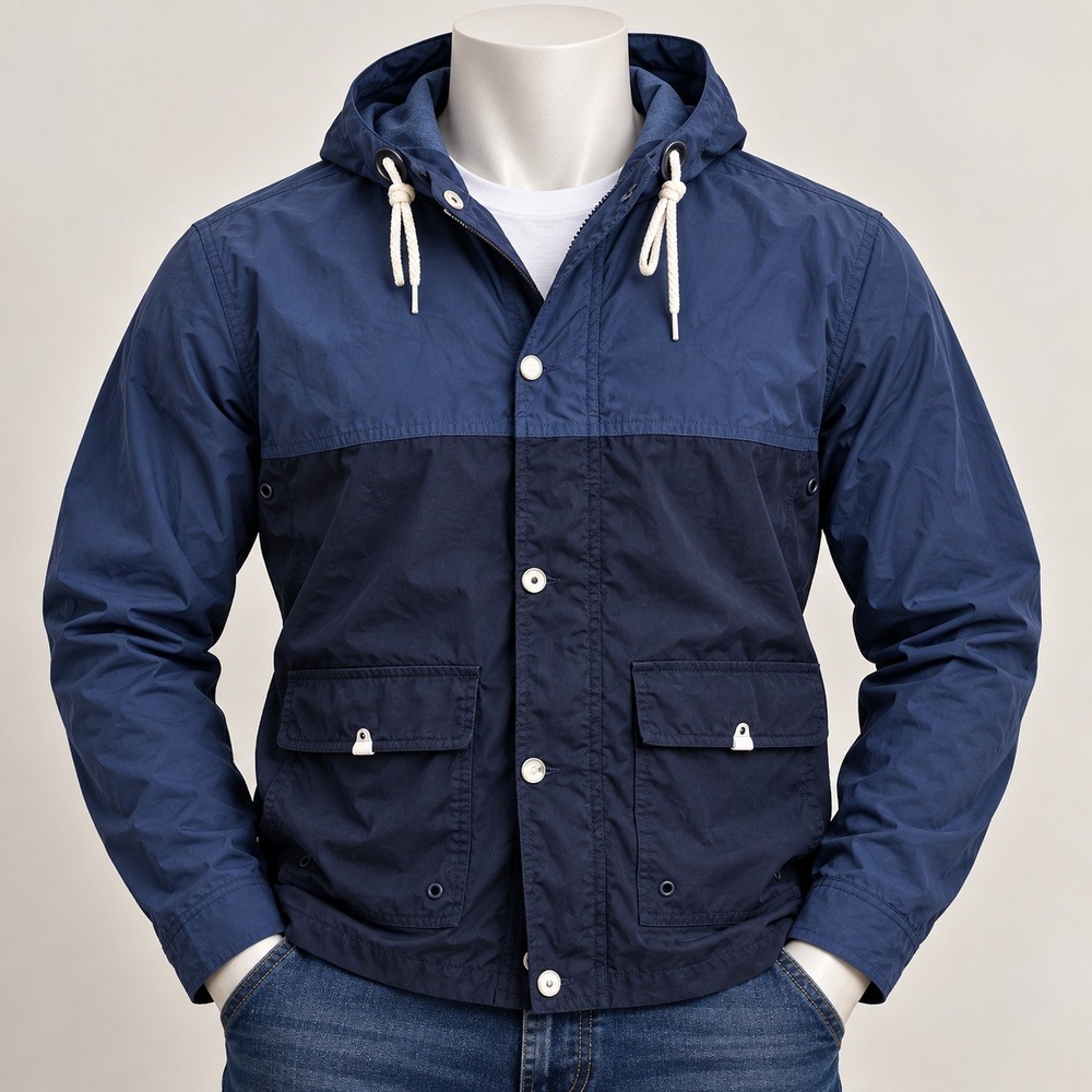 Brave Soul Mens Blue Colorblock Hooded Windbreaker Utility Jacket Large